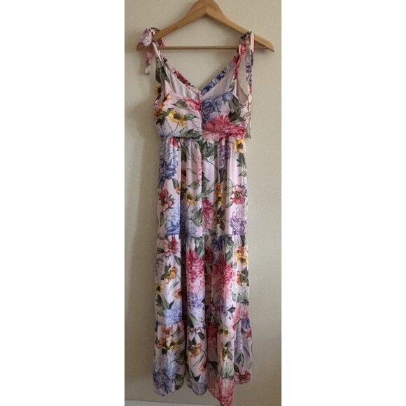 Express Pink Floral Spring Chiffon Tie Strap Tiered Maxi Dress Small Romantic - Picture 6 of 12